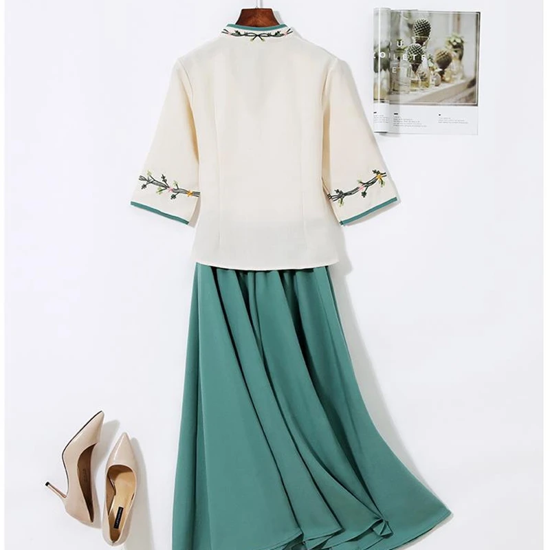 Женский костюм с вышивкой Hanfu топ воротником-стойкой и юбка в китайском стиле из