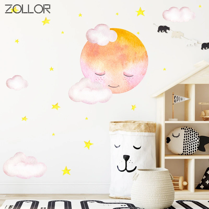 

Zollor Ins Watercolor Moon Clouds DIY Wall Sticker Decoration Nordic Style Baby Children Room Mural Decals Nursery Dorm Sticker