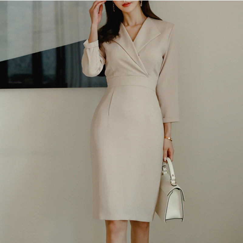 

Office Lady Bodycon Dress Korean Style Notched Collar Long Sleeve Temperament Solid Color Slim Dress Female 2021 Spring New