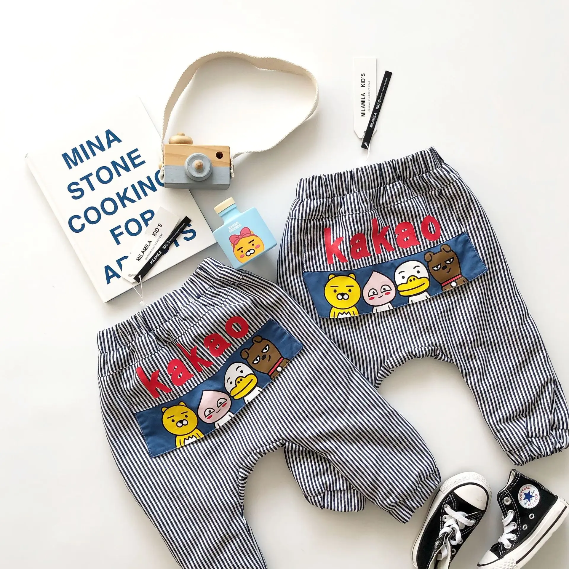 

Tonytaobaby Autumn and Winter New Boys and Girls Blue Vertical Stripe Bear Plush Harem Pants