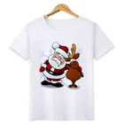 Забавная Рождественская футболка с Санта и олень для девочек и мальчиков, детская модная футболка с коротким рукавом, детская белая футболка, Топы, одежда, BAL609
