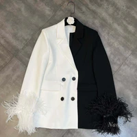 fashion feather blazer women 2022 spring lapel long sleeve black and white color matching cuff ostrich fur cool suit jacket coat