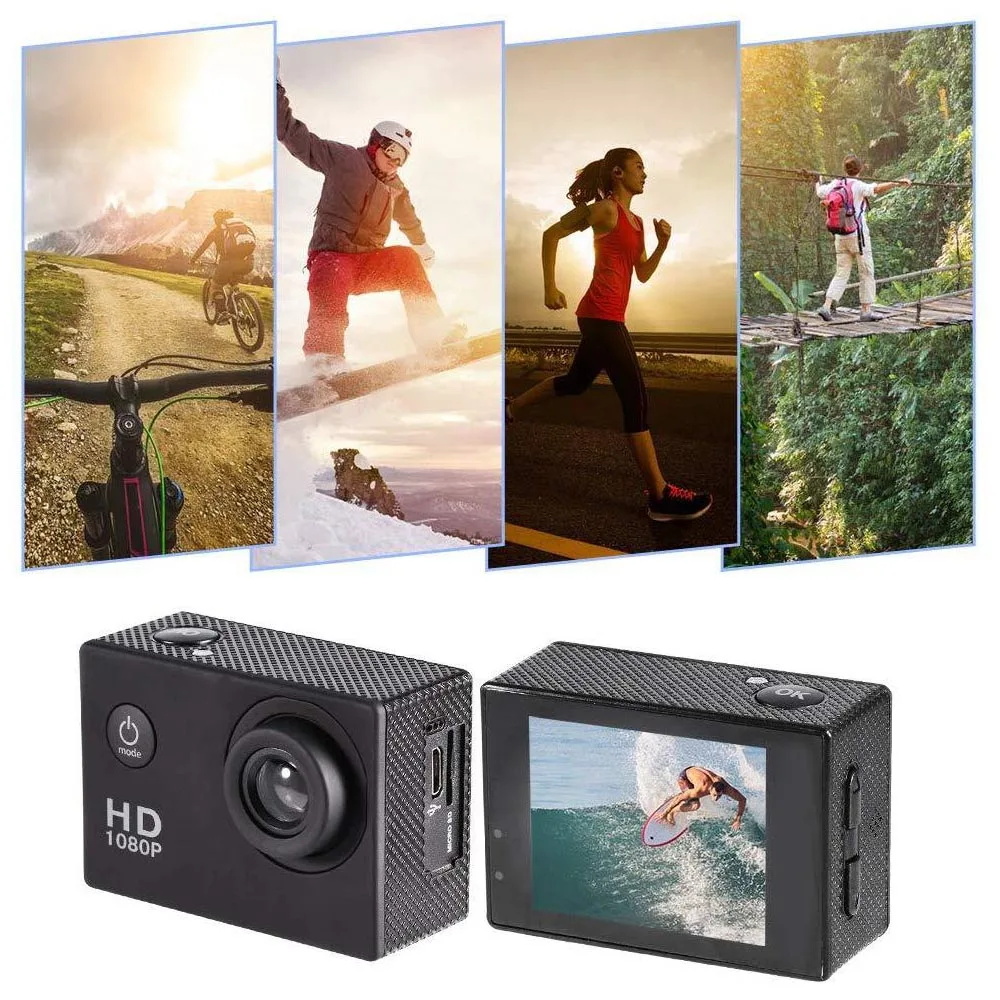 

Sports camera, 1080HD, waterproof, portable, resistant, 30M, 2.0, wide angle, accessories, swimming, running, cycling, camera