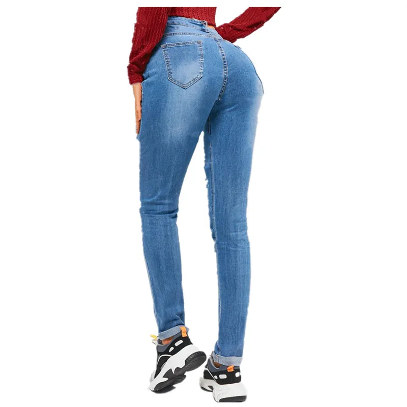 

New Arrival European Style Casual Wear Ripped Jeans with Holes Stretch Straight-Leg Pants for Female