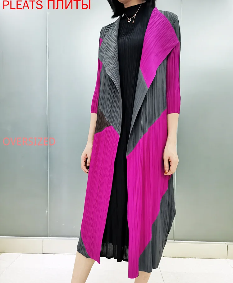 

Miyake Pleated Coat New Digital Print Loose Lapel 3 / 4 Sleeve Contrast Long Windbreaker Pleats Trench Coat Abrigo Mujer