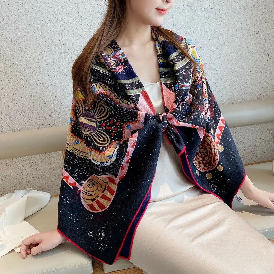 

70% Cashmere 30% Silk Scarf Women Winter Thin Shawl Double-sided Different Color Vintage Animal Kerchief Stole 53"*53"
