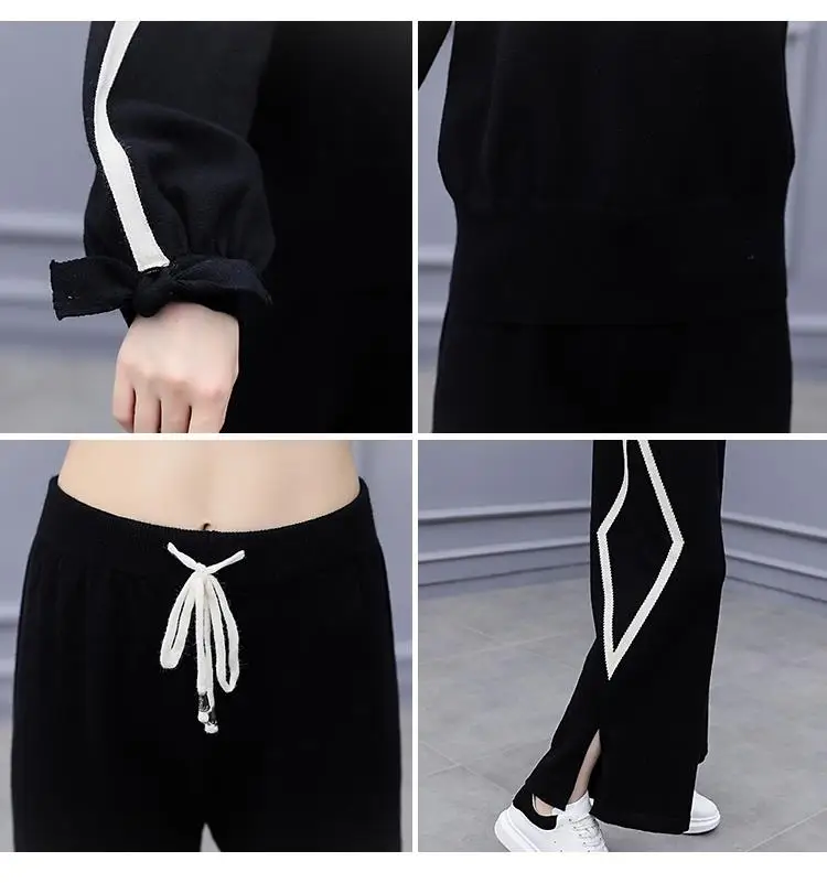 

Rlyaeiz 2019 Autumn Fashion Knitting Women 2 Pieces Set Casual Long Sleeve Knitted Pullover + Wide Leg Pants Sporting Suits