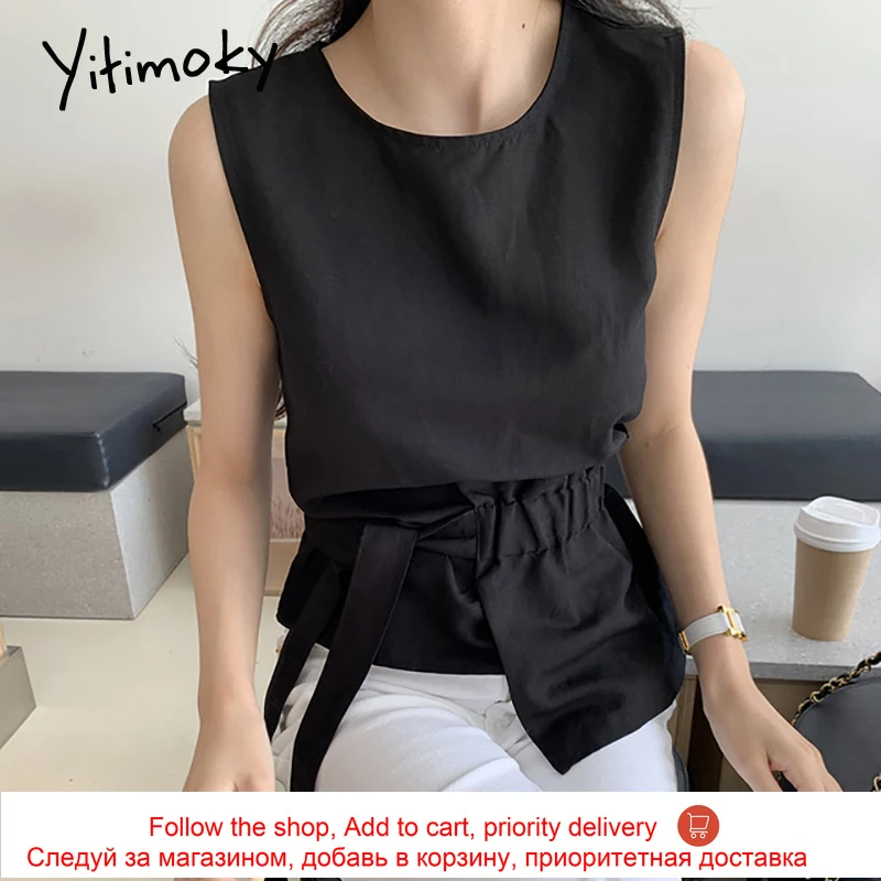 

Yitimoky Cotton Irrgular Tops Women Shirts Blouses Vintage Sleeveless Bandage O-Neck Summer Clothes 2021 Korean Fashion New