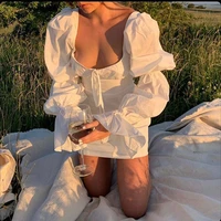 skmy women clothing square neck low cut sexy mini dress 2022 spring new lantern sleeves open back bodycon white dress