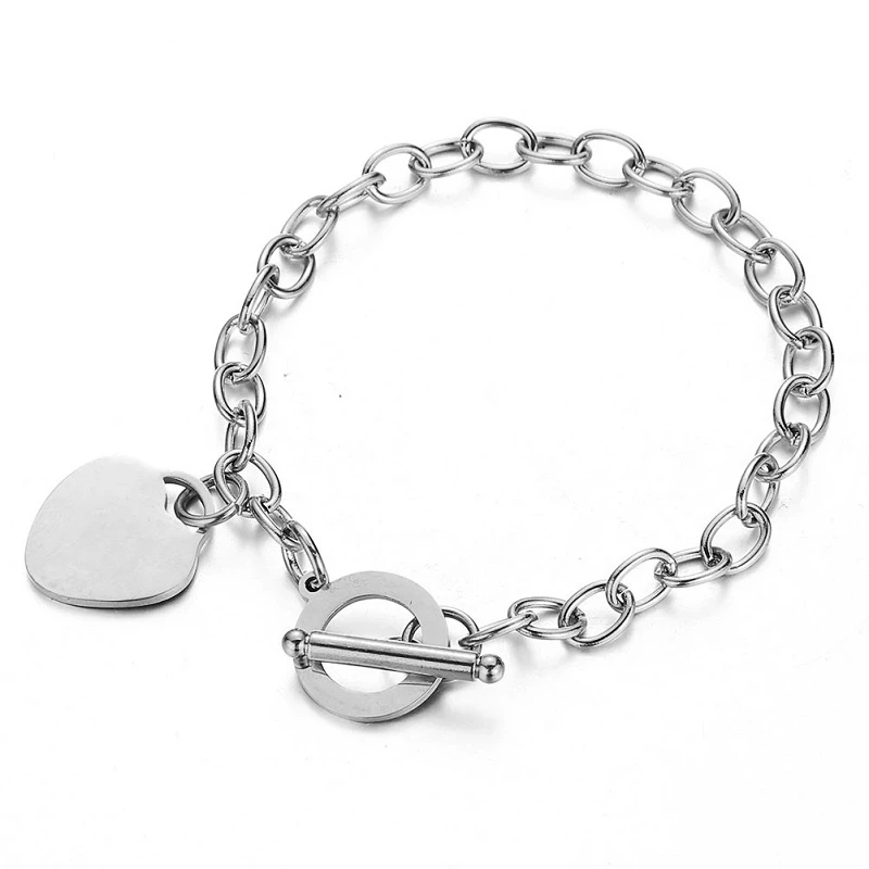 

316L Stainless Steel Peach Heart Toggle Bracelet For Women Girl Silver/God Color Metal Heart Charm OT Clasp Bracelets