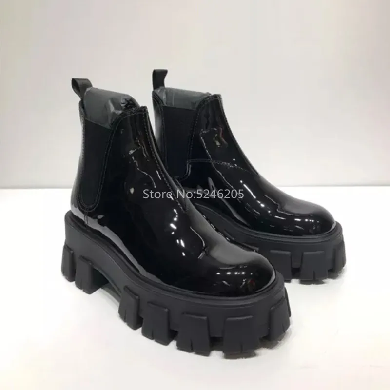 Черная женская обувь из лакированной кожи ботильоны с круглым носком женские