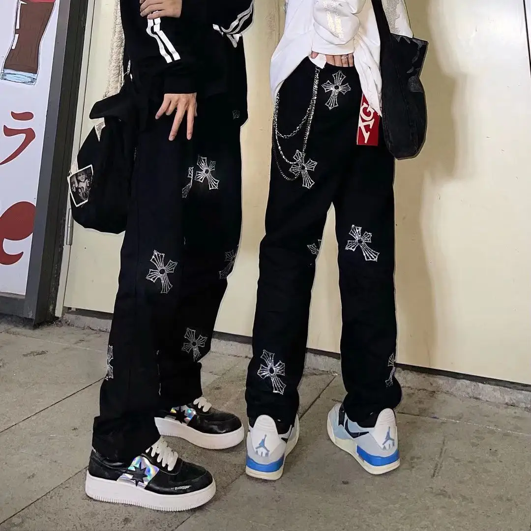 

FAKUNTN Jeans Womens Rhinestone Cross Streetwear Women and Men Trendy Brand Hip Hop Handsome Straight Loose Wide Leg Pants