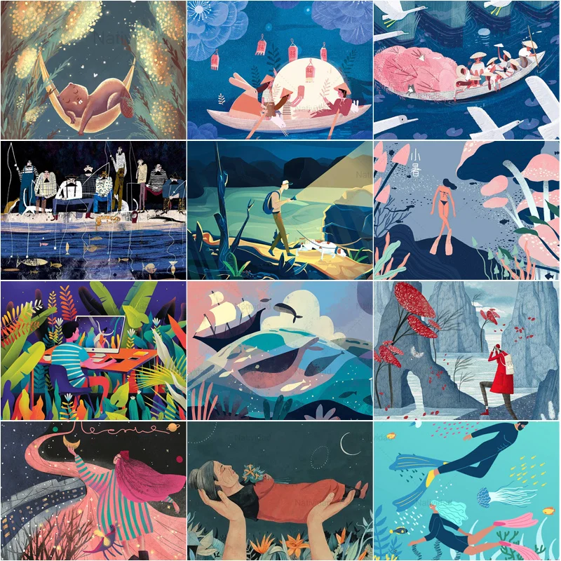 

5D Diy Cartoon Character Travel Diamond Painting Illustration Landscape Hobby Craft Exquisite Ornaments Home Wall Decor Gifts