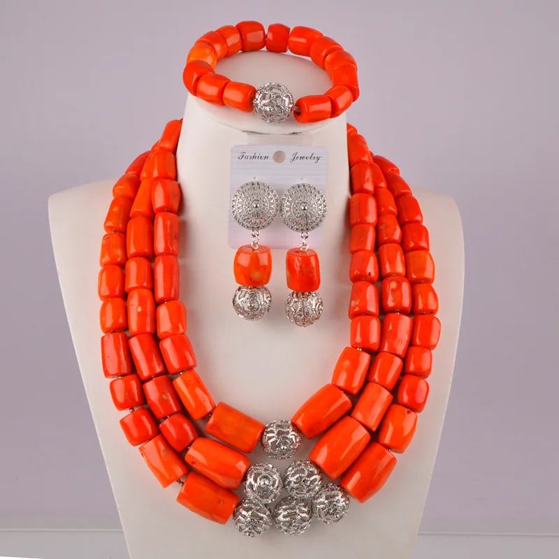 

elegant orange nigerian wedding coral set african coral beads jewelry set C21-29-07