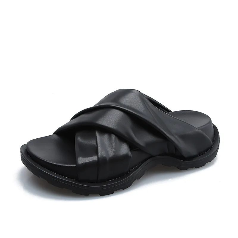

New Summer Women Beach Slippers Girls Real Leather Platform Flats Woman Slides Ladies Outside Shoes Female Footwear Brand Slides