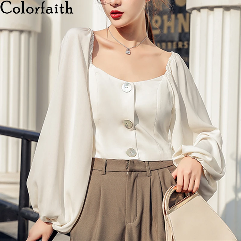 

Colorfaith New 2021 Spring Summer Women's Blouse Puff Sleeve Square Collar Korean Style Casual Elegant Shirts Wild Tops BL9188