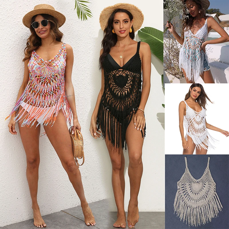 

Summer Fashion Trendy Women's Sexy See-through Solid Color Crochet Hollow Stitching Fringed Beach Bikini Blouse Dress