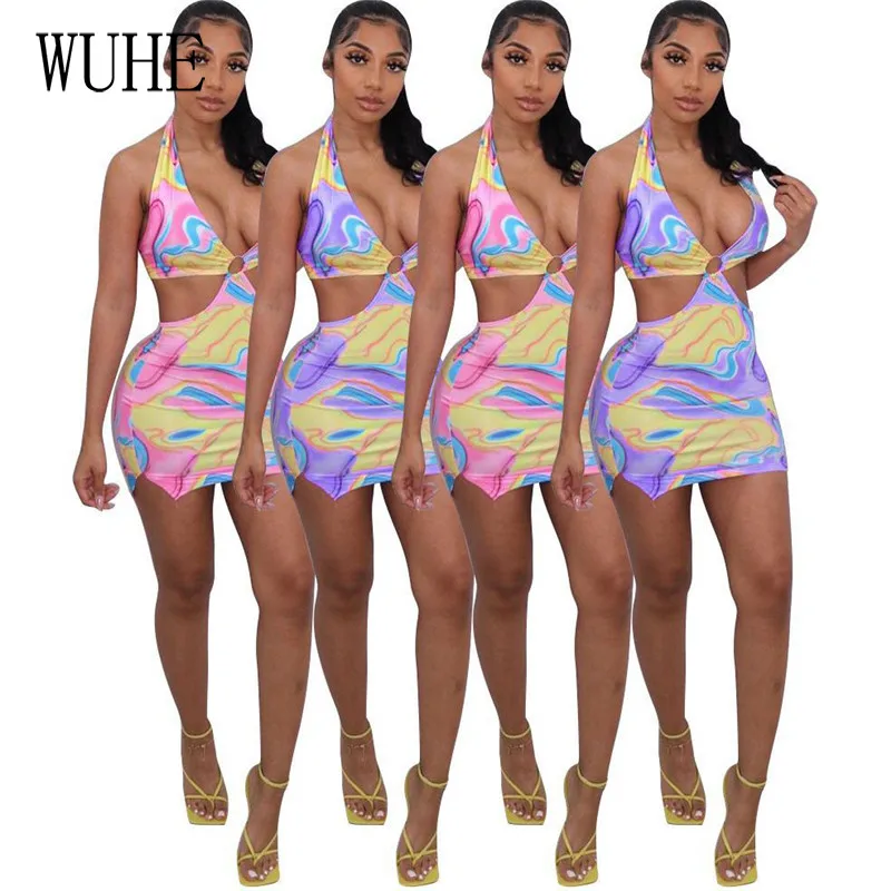 

WUHE Sexy Halter Mini Pencil Dress Colorful Print Off Shoulder Hollow Out Sleeveless Open Back Lace Up Party Club Slim Bodycon
