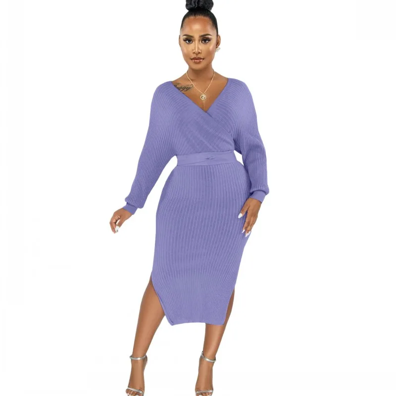 

Платье-карандаш с разрезом для женщин, v-образный вырез, длинный рукав, высокая талия, осеннее платье, новое однотонное трикотажное длинное п...
