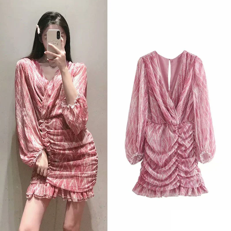 

Za 2021 Summer Print Mini Dresses Women Vintage V-neck Long Puff Sleeve Dress Fashion Ruched Ruffle Hem Back Opening Woman Dress