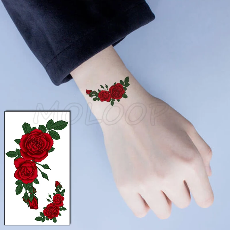 

Red Rose Bud Leaf Plant Temporary Tattoo Sticker Fake Tattoos for Kids Women Men Body Makeup Waterproof Stickers