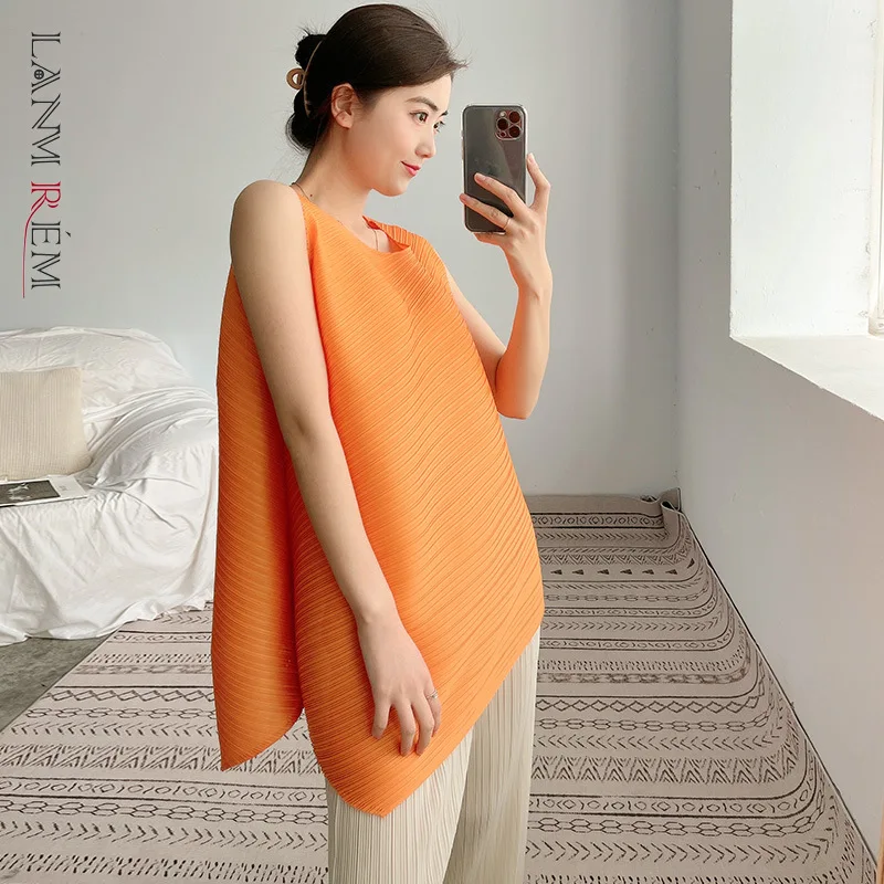 

LANMREM Pleated Sleeveless Irregular T-shirt Women's Summer 2022 New Comfortable Loose Thin Pullover Shirts 2D6052