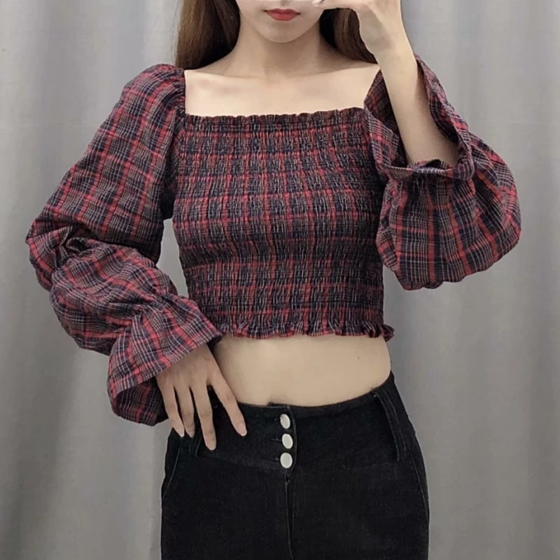 Женская клетчатая эластичная рубашка с квадратным воротником привлекательные