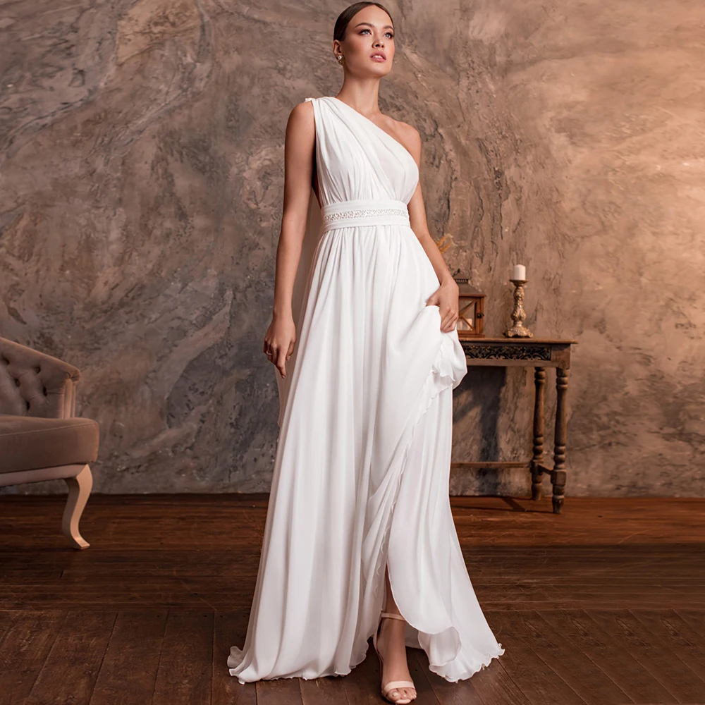 

Charming One Shoulder Sleeveless Wedding Dress for 2023 Brides Sexy Backless Sweep Train Simple Chiffon Bridal Gowns with Belt