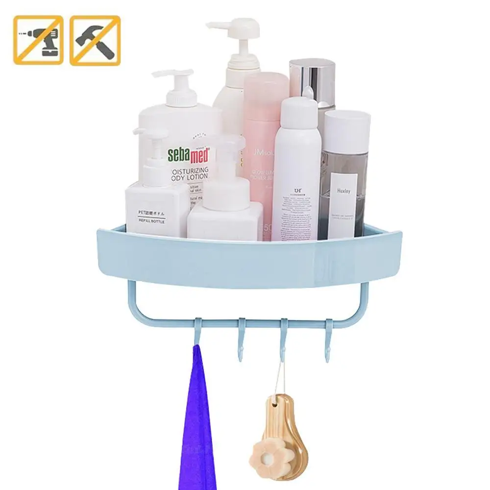 Triangle light blue Настенный Душ Caddy Полка вешалка-органайзер с крючками Съемная без следов угловая душевая корзина кухня Аксессуары для ванной комнаты - Цвет: Triangle light blue
