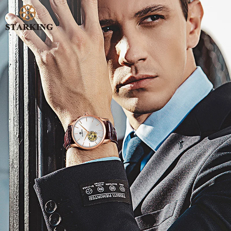 STARKING Mechanical Watch Men Automatic Self-wind Movt Skeleton Gold Stainless Steel Male Wristwatch Sapphire 5ATM | Наручные часы