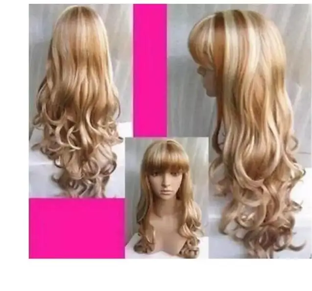 Wig NEW bangs Stylish long blonde Mixed color curly women's artificially made hair wigs |