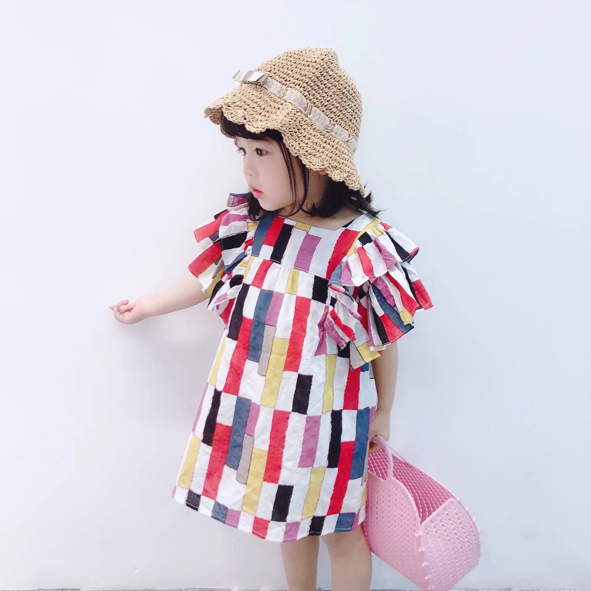 

2021 Summer New Girl's Dress Colourful Block Flying Sleeve Dress Korean American Style Clothes Fashion Baby Girls Clothing