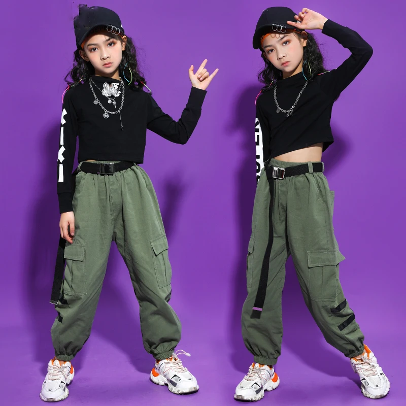 

2021 New Modern Dance Hip Hop Clothes Black Long Sleeve Tops Hiphop Pants Suit Jazz Performance Costumes Rave Clothes DQS6640