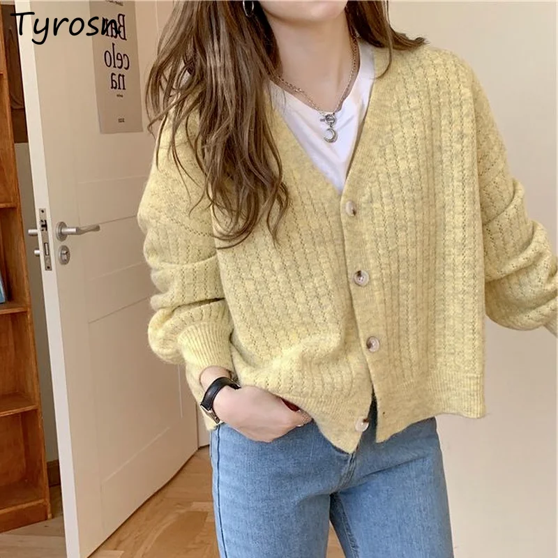 

Women Cardigans Tender Solid Simple Daily Ulzzang All-match Knitted Single Breasted V-neck Coats Loose Vintage Femme Cozy Casual