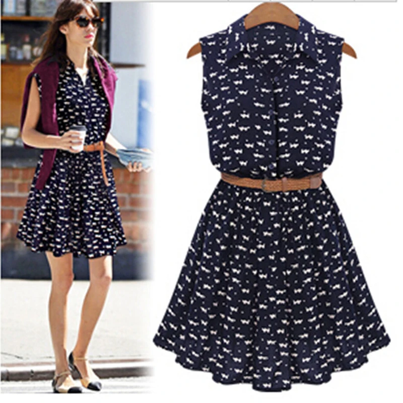 

Summer Women Shirts Dress Cat Footprints Pattern Turn-Down Collar Casual Sleeveless Dresses with Belt Fashion Mini Dress