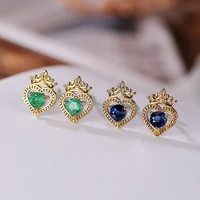 s925 sterling silver gold plated natural emerald sapphire stud earrings graceful personality love crown earrings