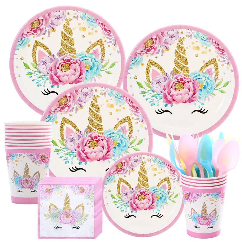 

Unicorn Birthday Party Decors Disposable Tableware Set Unicorn Cups Plates Kids Birthday Unicorn Party supplies Cartoon Animal
