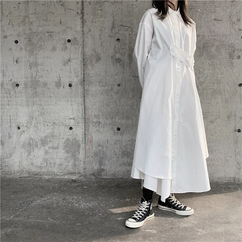 

SuperAen 2021 New Design Cotton One Button Solid Loose X-Long Turn-down Collar Casual Shirts Womens Tops