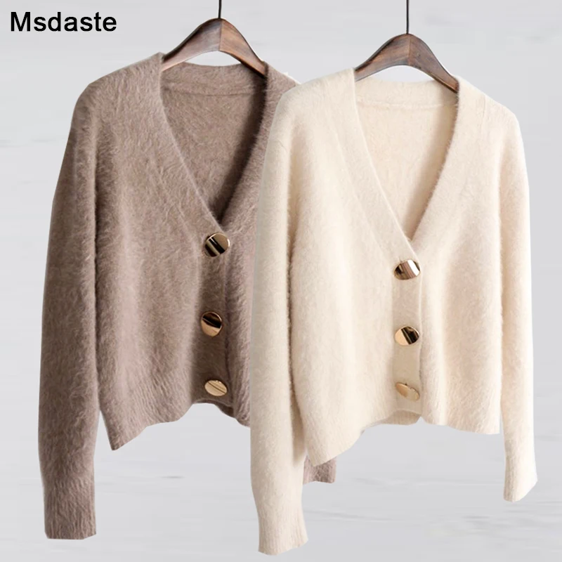 Mohair Sweater Women Cardigans 2019 Winter V-neck Soft Knitted Tops Outwear solid White Brown Casual Woman Knitwear Sweaters |