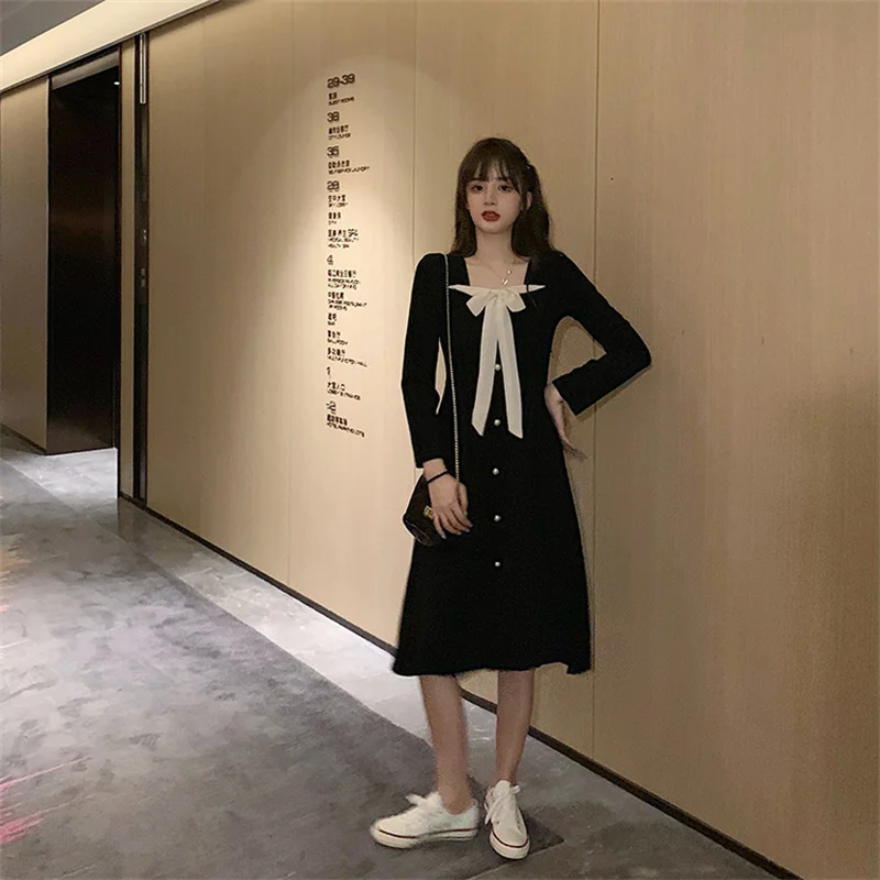

2021 Black Dress Autumn Long-sleeved Women's New French Style Collect Waist Thin and Small Early Autumn Francais Vestidos