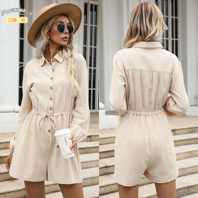 

[Pocket J] 2021 New Spring and Autumn Women's Solid Color Casual Lapel Shirt Type T-shirt + Short Pants Jumpsuits