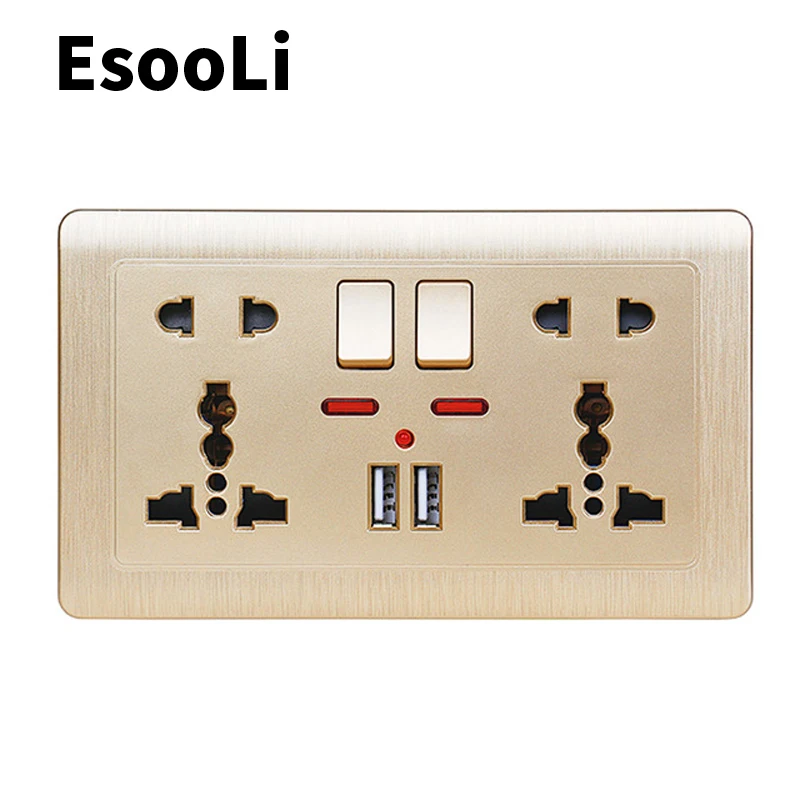 

EsooLi Gold 2.1A Dual USB Charger Port LED indicator Wall Power Socket Double Universal 5 Hole Switched Outlet 146mm*86mm