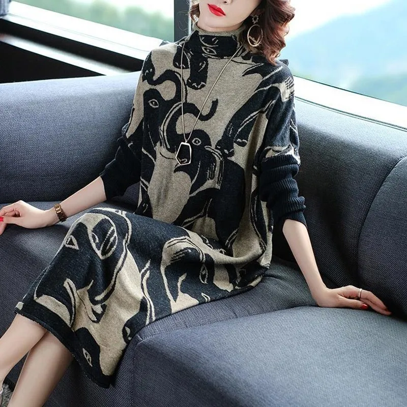 

Casual Loose Print Knitted Turtleneck Wool Sweater Dresses Autumn Winter Vintage Elegant Long Sweater