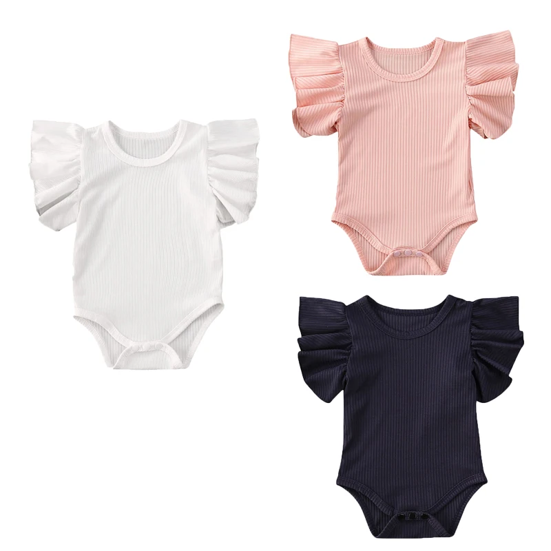Baby Clothing Newborn Infant Girl Cotton Jumpsuit Bodysuit Solid Color Ruffle Short Sleeve Ribbed Outfits Sunsuit Sweet Set | Детская