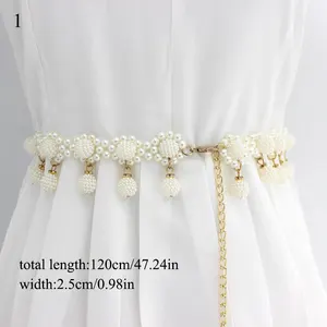 Длинный тонкий пояс 120 см, декоративный металлический пояс с жемчугом для платьев, женский элегантный пояс на талию, ремни с крючками и бусинами