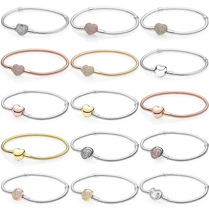

Original Rose Moments Pave Wishful Heart Clasp Snake Chain Bracelet Fit Fashion Bangle 925 Sterling Silver Charm DIY Jewelry