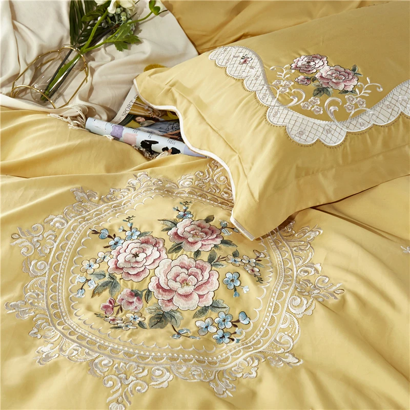 

Yellow 800TC Egyptian Cotton Pastoral Flowers Embroidery Bedding Set Double Duvet Cover Set Bed Linen Fitted Sheet Pillowcases