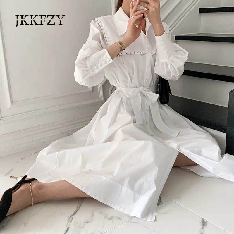 

Elegant Lapel Single-Breasted Rivet Border Lace-up Waist Long-Sleeved Shirt Dress Women spring Summer Dresses