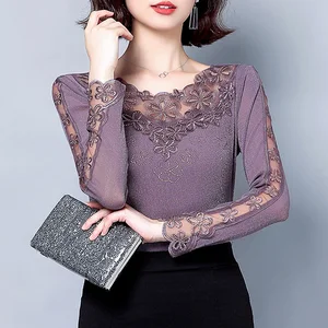 Женская Кружевная футболка с длинным рукавом и круглым вырезом