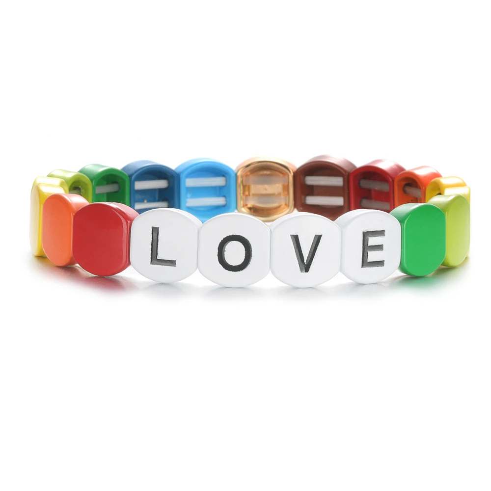 Романтическое письмо любовь ромб плитка браслет на эластичной веревке эмаль